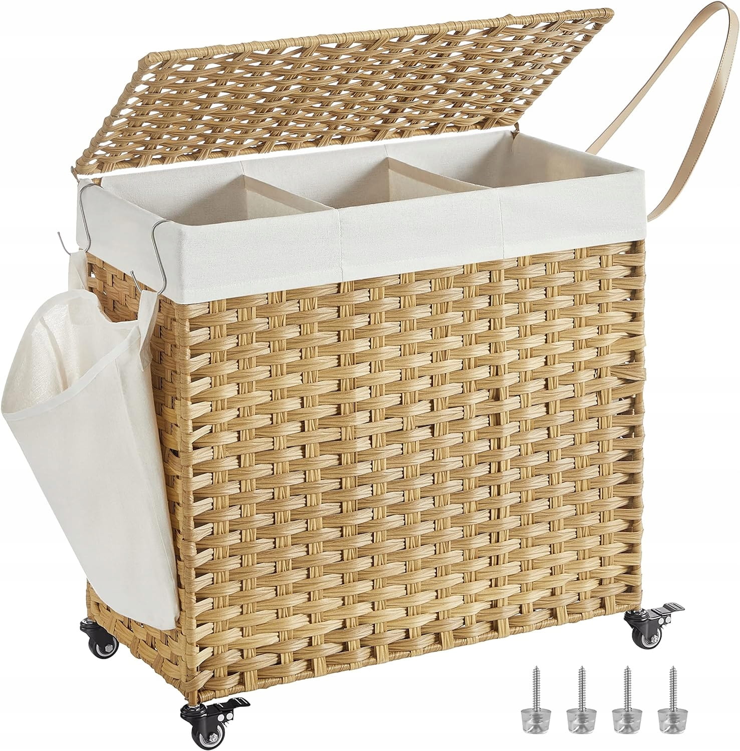Kosz NA PRANIE pojemnik 3 PRZEGRÓDKI 140L RATTAN naturalny NA KÓŁKACH